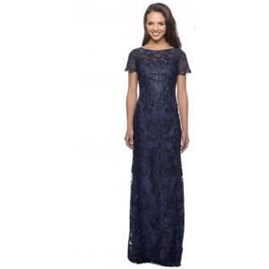New La Femme 26405 Long Lace Dress with Rhinestones In Navy Size 6 Retail $498